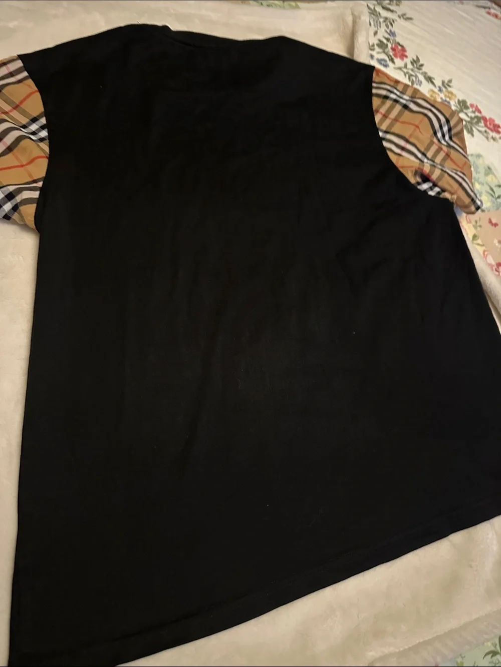 Burberry Black Tee with Tan Plaid Sleeves